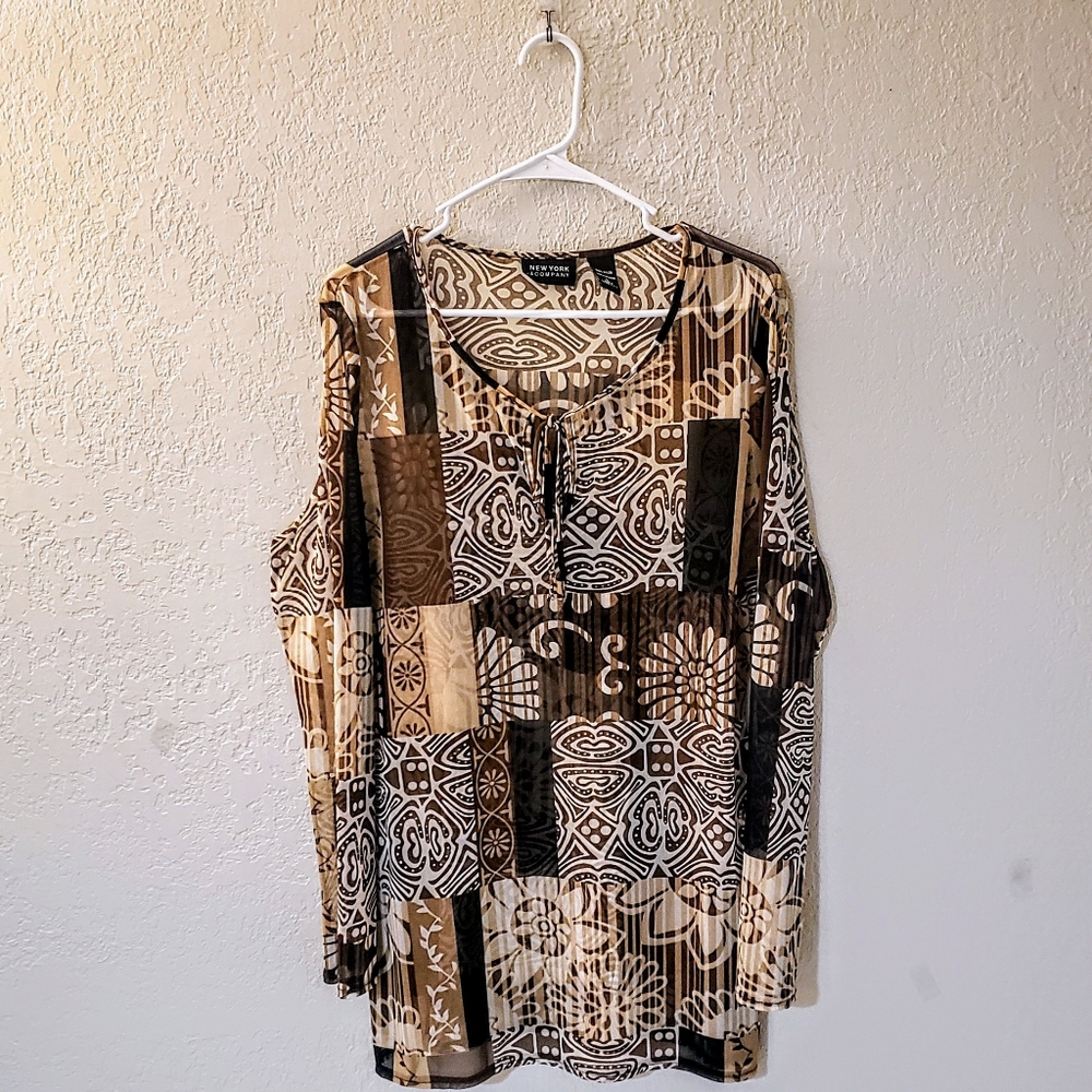 New York & Company Long Sleeve Tunic in Tan/Brown Geo Print Size Large E…